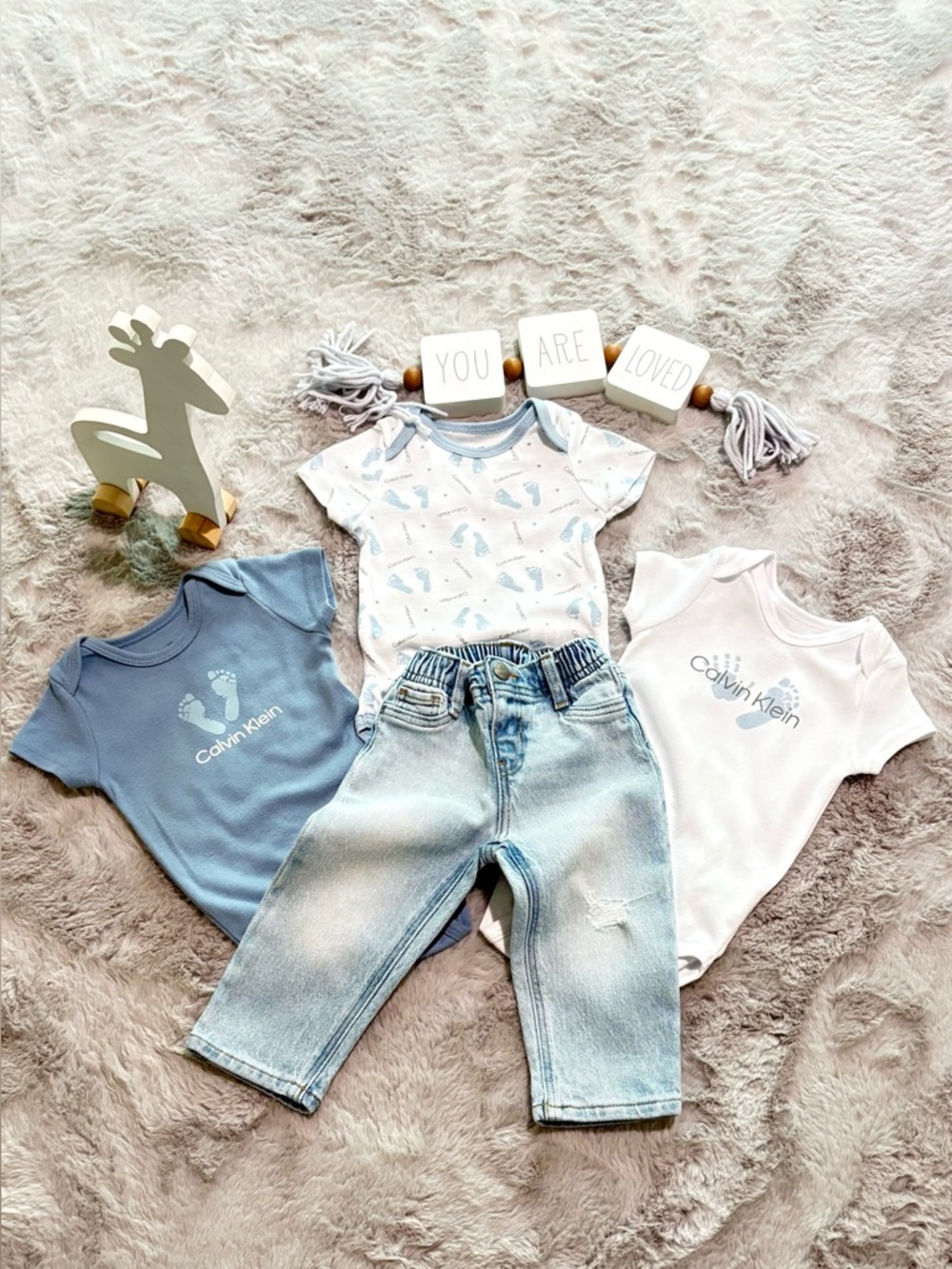 Children/ Calvin Klein Set with Denim Pants - Blue & White